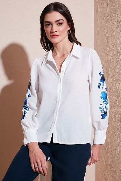 Lela Cămașă din bumbac cu mâneci cu bule de aer, cu croială normală, cu broderie florală CAMISA 611GO003
