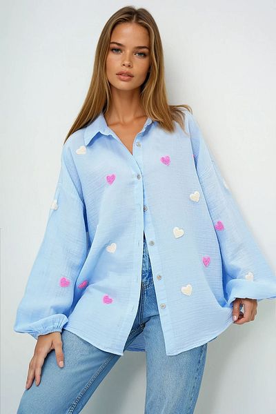 VAGGON Cămașă de in oversize albastru baby pentru femei Prmx13791