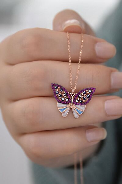 Nefertiti 925 Ayar Kırmızı Taşlı Mineli Gümüş Kelebek Kolye