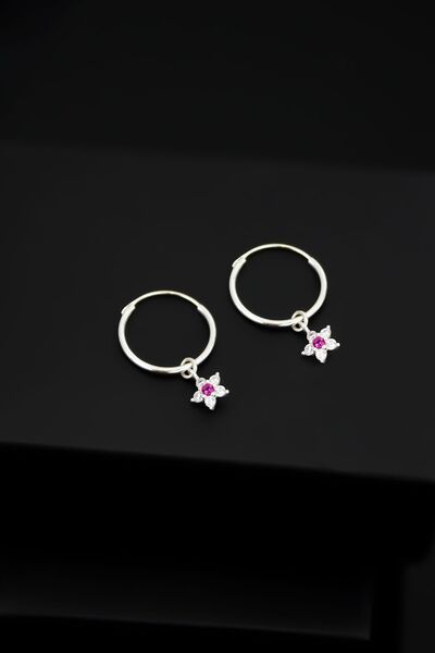 Papatya Silver 925 Ayar Gümüş Pembe Taşlı Yıldız Model Halka Küpe