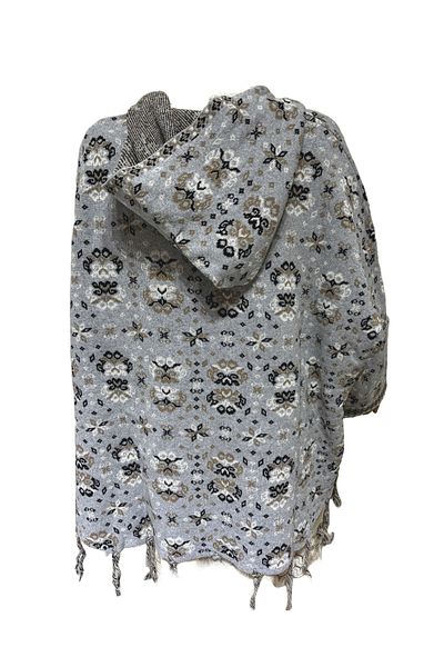 BRV Tekstil Women's Gray Floral Patterned Oversize Knitwear Poncho Sweater with Side Slits