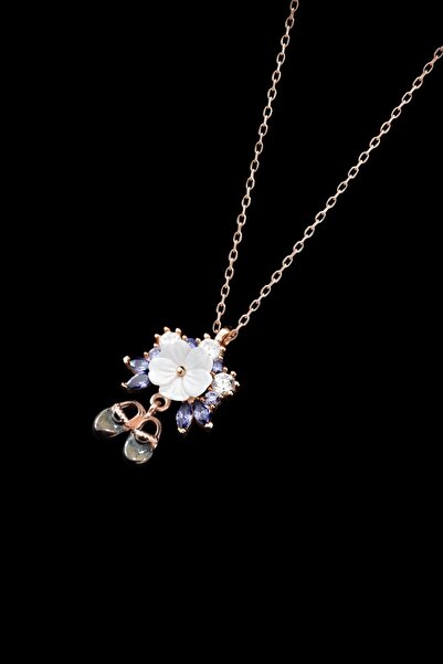 Papatya Silver 925 Ayar Gümüş Rose Kaplama Kristal Kesim E Harfli Sedef Manolya Çiçeği Kadın Kolye