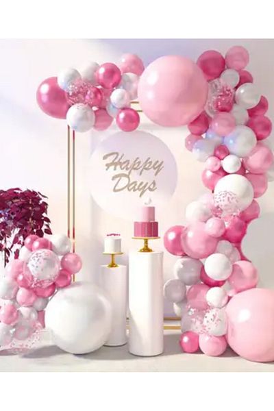 Çemrek Süs Parti Pink and White Sequin Transparent Balloon Chain Set Including 103 Jumbo Balloons