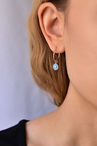 Papatya Silver 925 Ayar Gümüş Rose Kaplama Mavi Mineli Papatya Halka Küpe