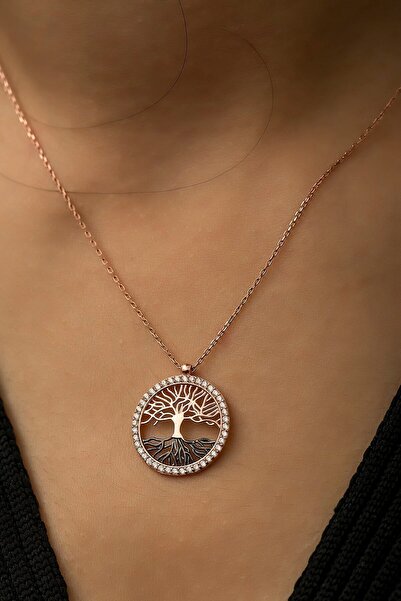 Nefertiti Kadın Hayat Ağacı Nano Zirkon Taşlı Rose 925 Ayar Gümüş Kolye