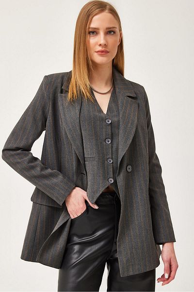 CALİENTE Regular Fit Blazer Vest Crop Straight Buttoned Smoked