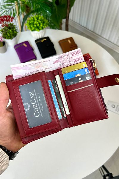 CüzCan Claret Red Zipper Detailed Leather Women's Wallet (14X9Cm)