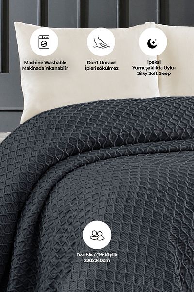 Evlen Home Acrylic Knitted Knitwear - 220X240 cm Bedspread Pike Poly Anthracite