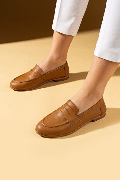 Pembe Potin Women's Ballerinas Genuine Leather Tan Loaferlightweight Comfortable Sole Casual Shoes