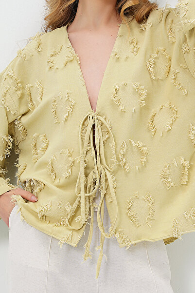 VAGGON Women's Mint V-Neck Front Tie Tassel Detailed Summer Linen Jacket Prmx13793