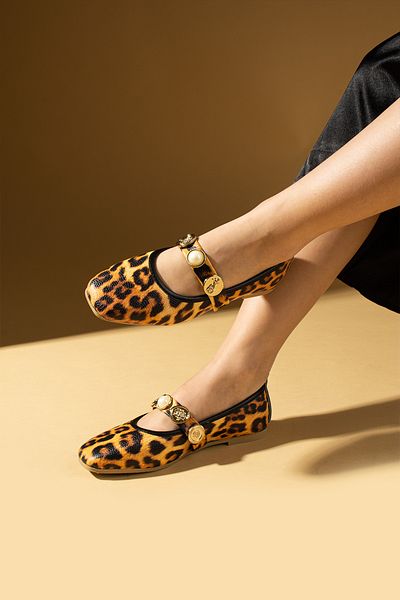 Pembe Potin Women's Ballerinas Leopard Buckle Strap Lightweight Comfortable Sole Stylish Casual Shoes