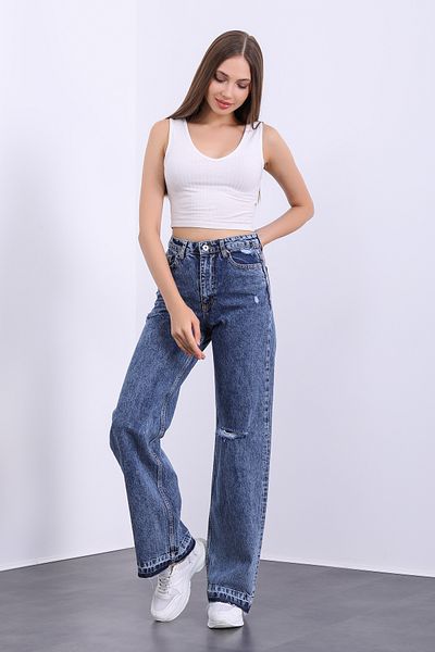 By Caspita Fashion Blugi Palazzo pentru femei cu talie înaltă rupte în culoarea albastru închis