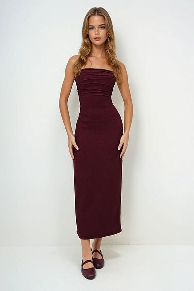 VAGGON Γυναικείο φόρεμα στράπλες από ύφασμα Plum Twist Prmx13413