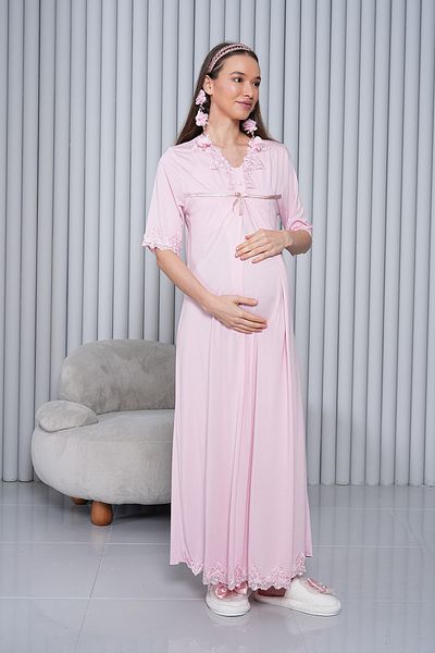lohusahamile Powder Maternity Long Maternity Nightgown with Hidden Breastfeeding Feature 5033