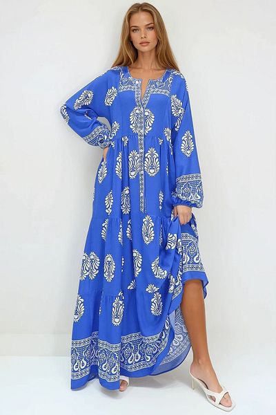 VAGGON فستان نسائي طويل بياقة شال منقوشة Prmx11593