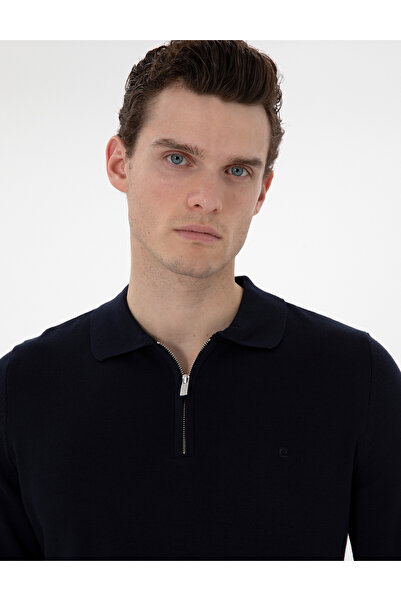 Pierre Cardin Navy Blue Slim Fit Zippered Polo Collar Wool Blend Basic Knitwear Sweater 50312570-Vr033
