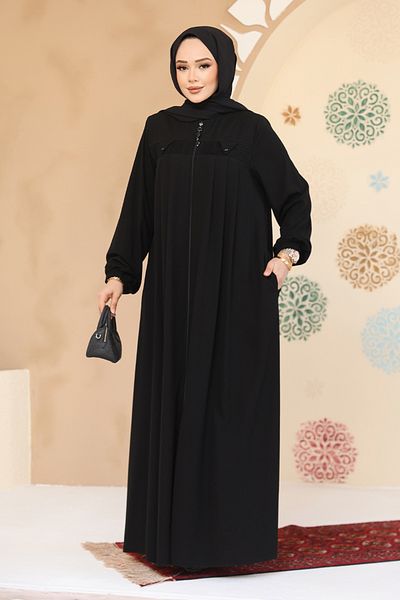 Neva Style Abaya hijab neagră cu fermoar 45295S
