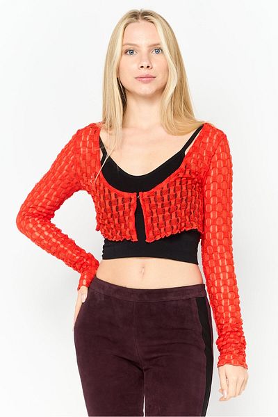 Asos Design Women Scoop Neck Long Sleeve Textured Crop Cardigan, Red