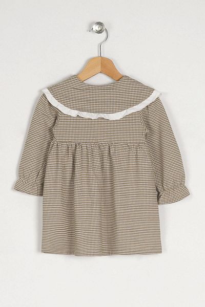 zepkids Rochie pentru fetiță, cu mânecă lungă, cu guler pentru bebeluși, cu nasturi, culoare bej deschis
