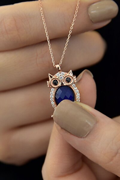 Papatya Silver 925 Ayar Gümüş Rose Altın Kaplama Siyah Göz His Taşı Baykuş Kolye