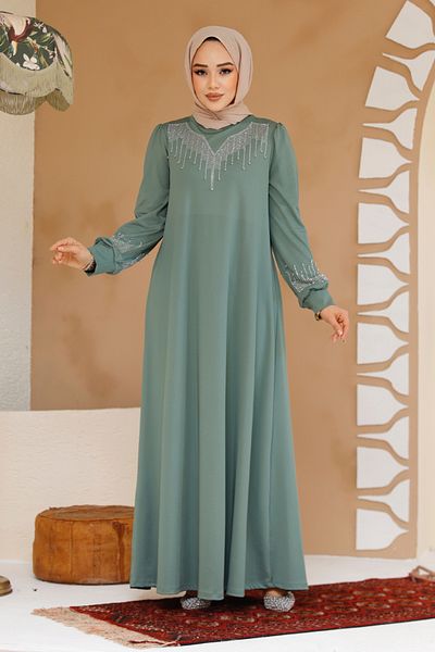 Neva Style Beaded Green Hijab Dress 23815Cy
