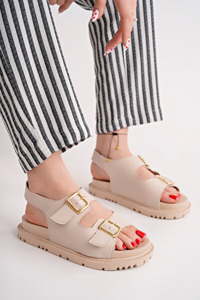 Halloween صنادل يومية باللون البيج، صنادل نسائية، صنادل بنعل سميك، صنادل لتقو...