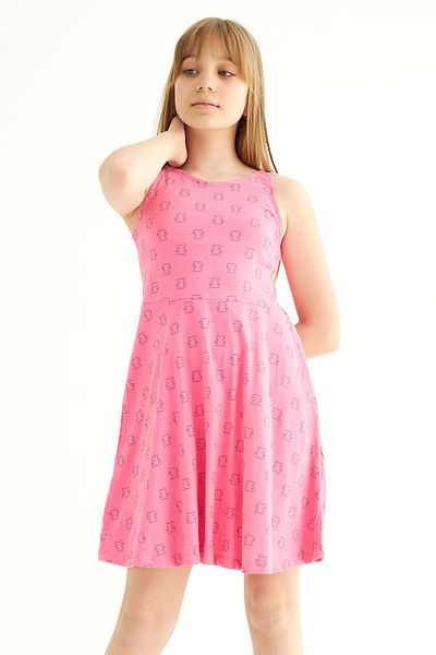 zepkids Round Neck Zero Sleeve Teddy Bear Metraj - Pink Color Girl's Dress