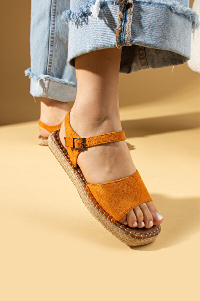 Pembe Potin Women's Orange Suede Espardil Banded Comfortable Sole Stylish Daily Sandals