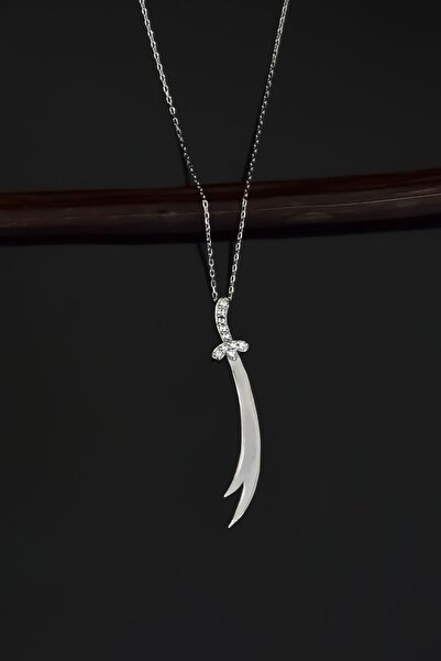 Papatya Silver 925 Ayar Gümüş Rodyum Kaplama Dikey Taşlı Zülfikar Kılıç Kolye