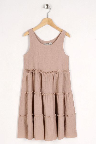zepkids Crew Neck Zero Sleeve Elastic Waist Beige Color Girl's Dress