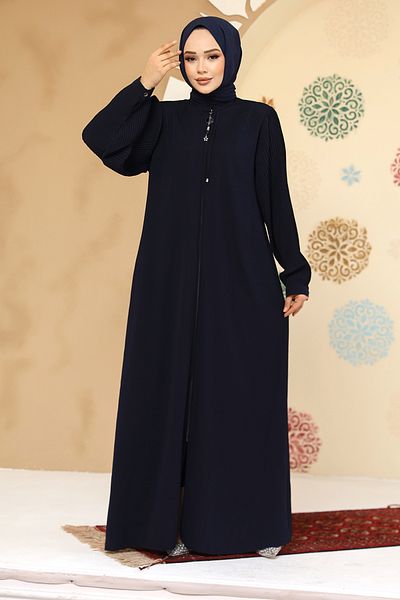 Neva Style Pile Detailed Navy Blue Hijab Abaya 45296L