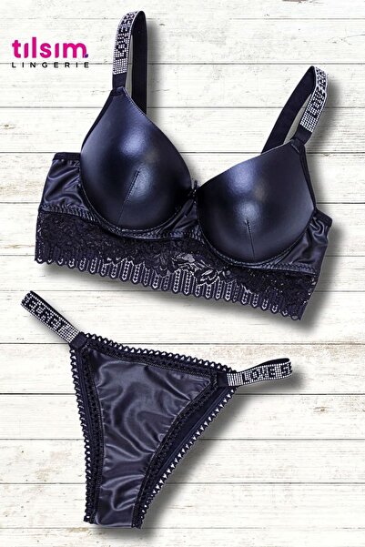m mlinda Set sutien căptușit cu curele de piatră din piele pentru femei