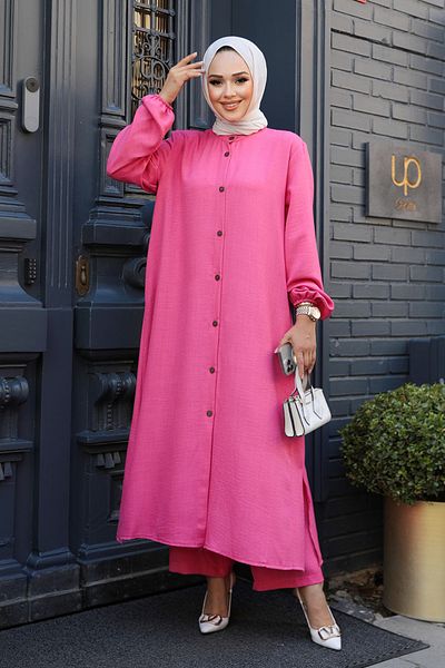 Neva Style Costum dublu cu nasturi hijab roz - 19017P