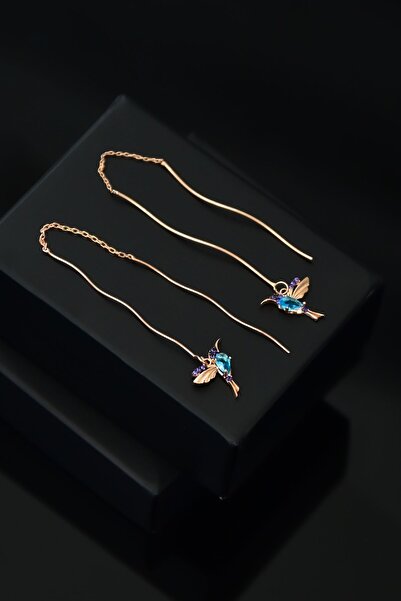 Papatya Silver 925 Ayar Gümüş Rose Kaplama Zincirli Telli Kuş Küpe