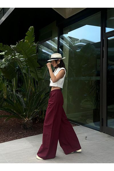 minaaise Women's Burgundy Poplin Fabric Elastic Waist Pocket Trousers 29083