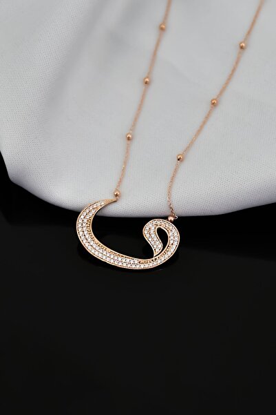 Papatya Silver 925 Ayar Gümüş Rose Kaplama Top Zincirli Zirkon Taşlı Vav Kolye