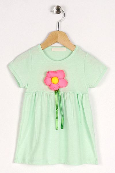 zepkids Crew Neck Short Sleeve Puff Cıcekli Mint Color Girl's Dress
