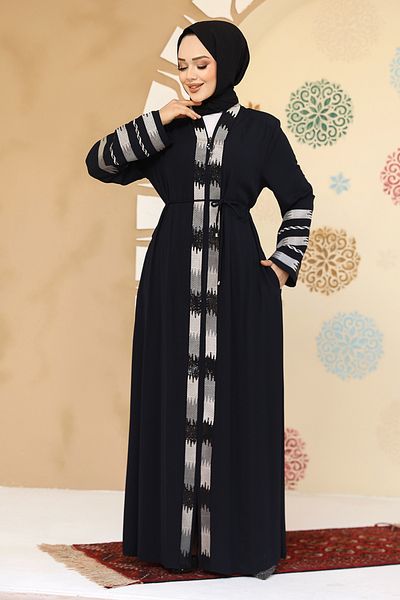 Neva Style Patterned Navy Blue Hijab Abaya 45303L