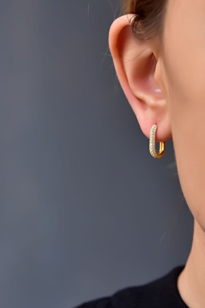 Papatya Silver 925 Ayar Gümüş Gold Kaplama Zirkon Taşlı Dikdörtgen Halka Küpe