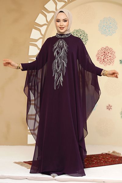 Neva Style عباية حجاب بتفاصيل بانشو أرجوانية داكنة 25914KMOR