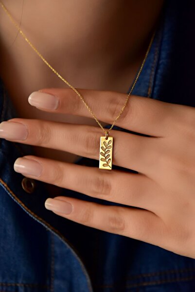 Papatya Silver 925 Ayar Gümüş Altın Kaplama Dikdörtgen Zeytindalı Plaka Kadın...