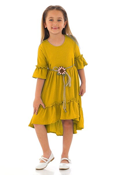 zepkids Crew Neck Watermelon Sleeve Waist Straw Belted Mustard Color Girl's Dress