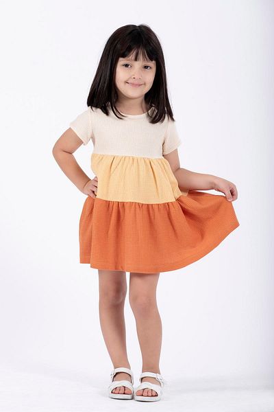 zepkids Rochie pentru fetiță, cu mânecă scurtă, cu decolteu, dublu, colorat, cu model, culoare cărămidă