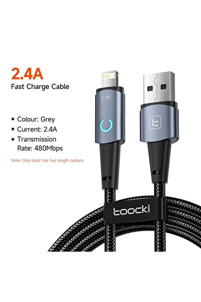 Choice كابل USB A إلى Type C أو Lightning بطول 1 متر من Toocki باللون الرمادي IOS لهاتف iPhone 14 13 12 Pro Max 8 7 plus Xiaomi Led Cha