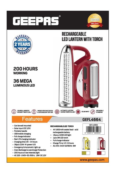 Geepas Portable 36 Pcs Led & 200 Hour Working Rechargeable Lantern with Torch | Extended Battery Life