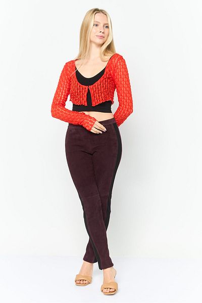 Asos Design Women Scoop Neck Long Sleeve Textured Crop Cardigan, Red