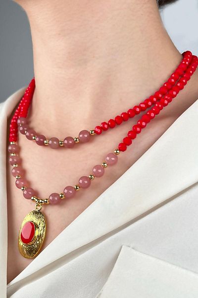 Sose Moda Double Row Bead Necklace with Gold Plated Tip - Red