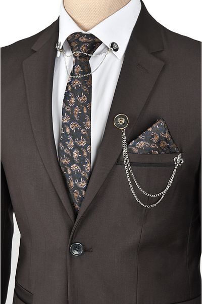 Rizz up Men's Brown Pocket Piping Double Button Single Slit 2-Piece Suit 2300464