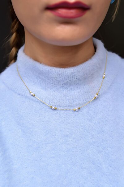 Papatya Silver 925 Ayar Gümüş Gold Renk Dorika Toplu Incili Kadın Kolye<doric...