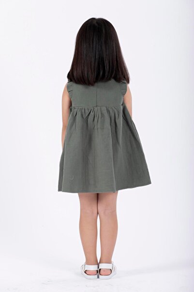 zepkids Khaki Colored Girl's Dress - Ruffle Shoulder and Pleated Design